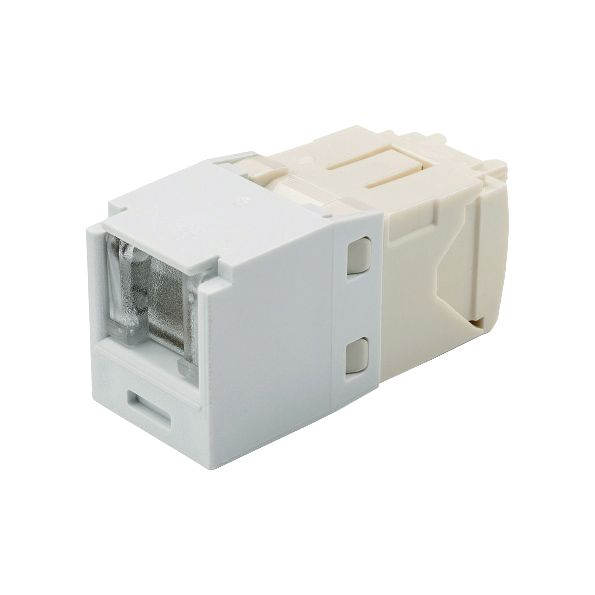 Conector Jack RJ45 Estilo TG con Ventana, Mini-Com, Categoría 6, de 8 posiciones y 8 cables, Color Blanco Conector Jack RJ45 Estilo TG con Ventana, Mini-Com, Categoría 6, de 8 posiciones y 8 cables, Color Blanco